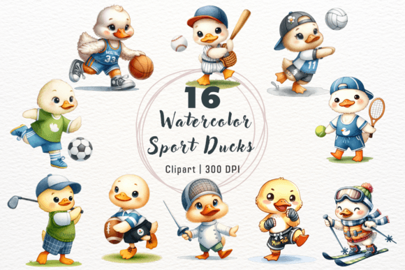 Watercolor Sport Ducks Clipart: Playful Design Assets